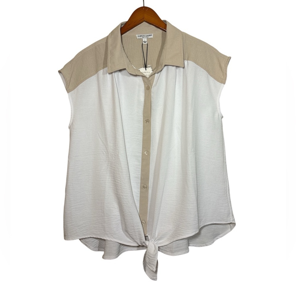 Sabrina Lauren Cream and Tan Button-Down Blouse